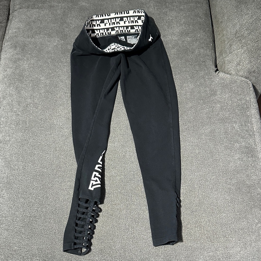 PINK Victoria's Secret Black Leggings with Branded Waistband and Lace-Up Hem- S